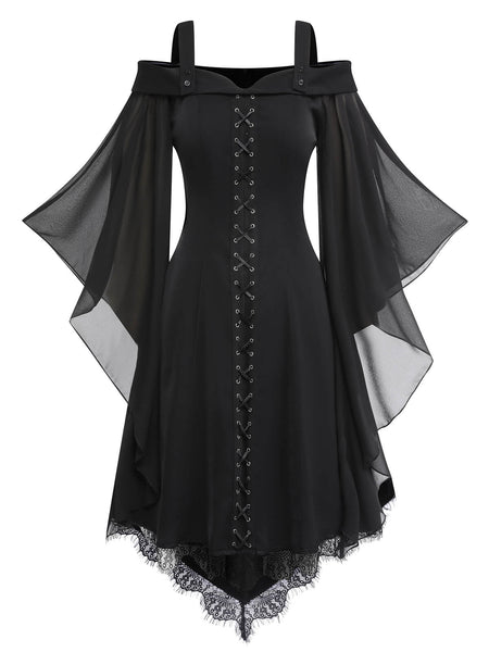 Black 1950s Bat Sleeve Lace-Up Dress | Retro Stage