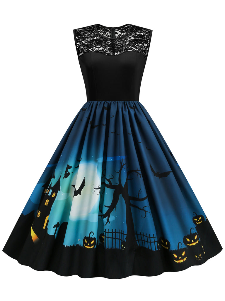 Navy Blue 1950s Halloween Lace Patchwork Dress | Retro Stage