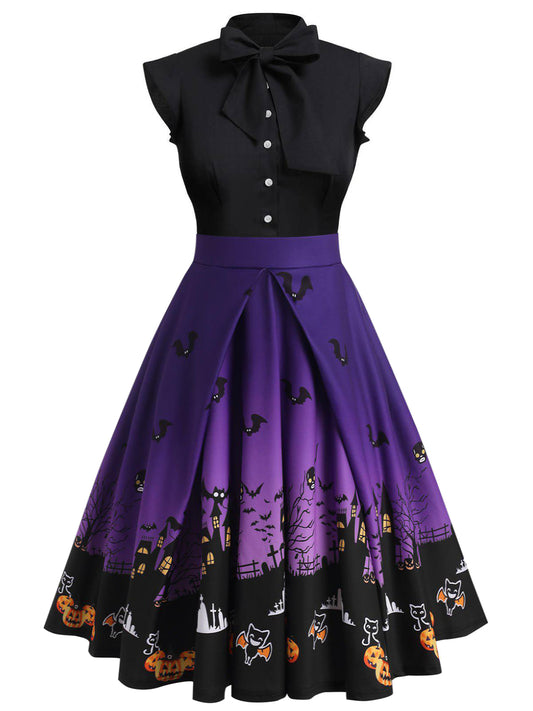 Black 1950s Halloween Pumpkin Patchwork Dress