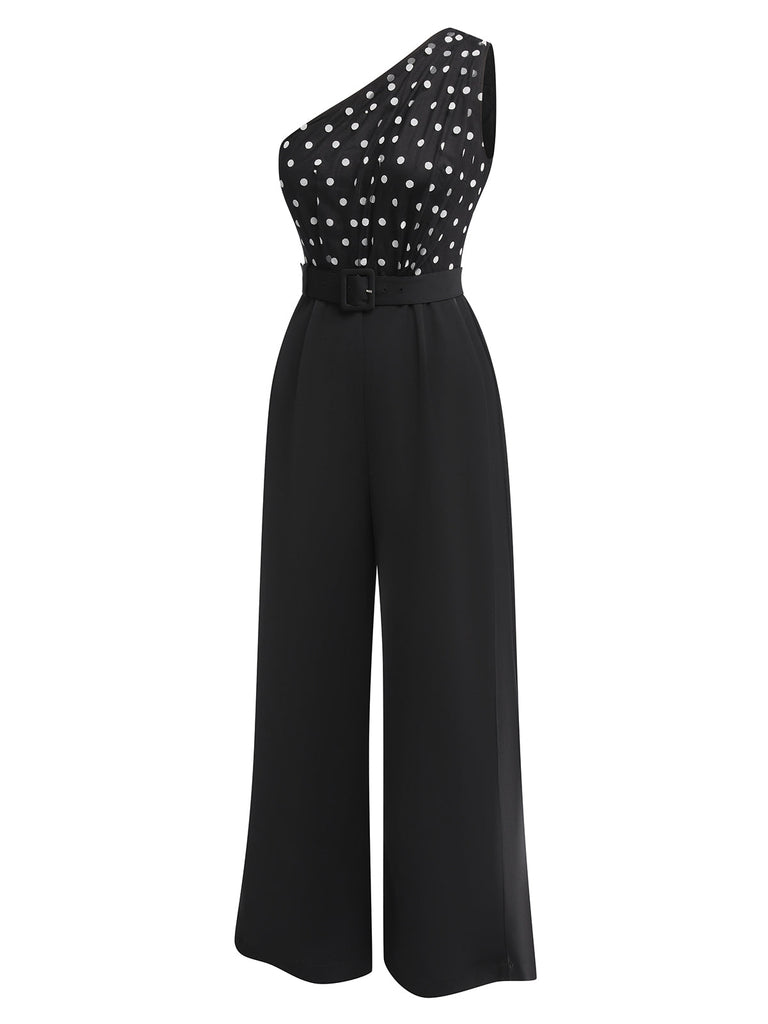 Black 1950s Polka Dots Patchwork Jumpsuit