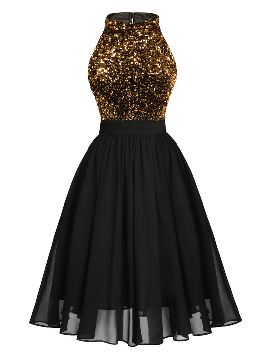 Black 1950s Gold Glitter Patchwork Dress