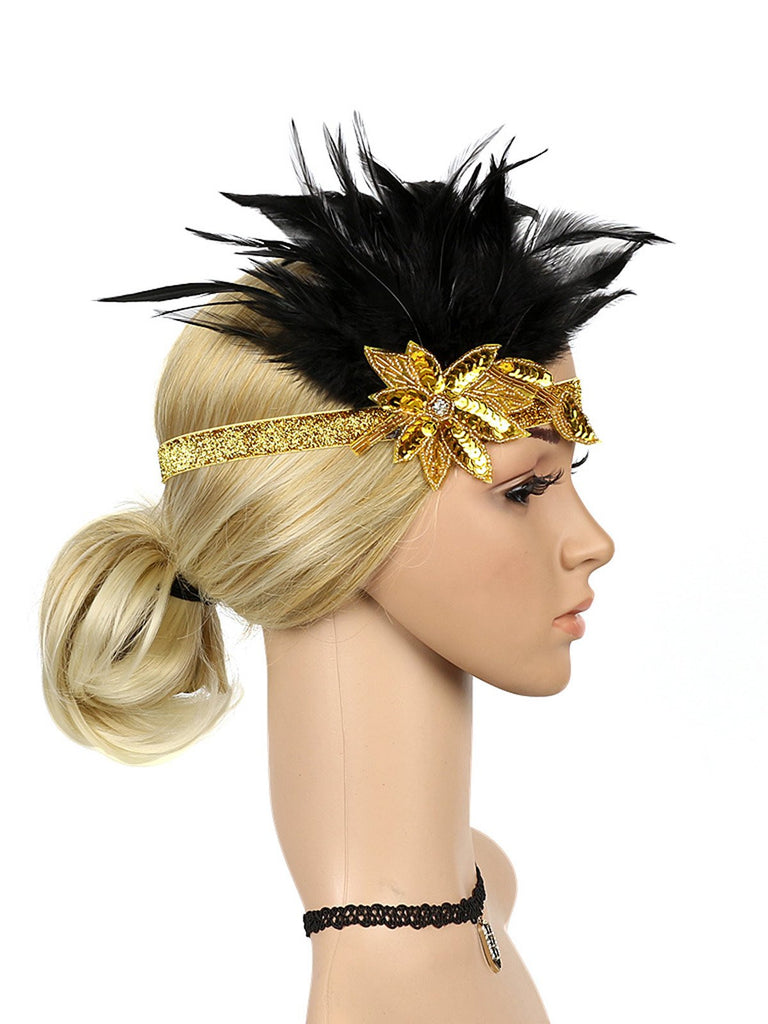 [US Warehouse] 1920s Feather Sequins Rhinestone Headband