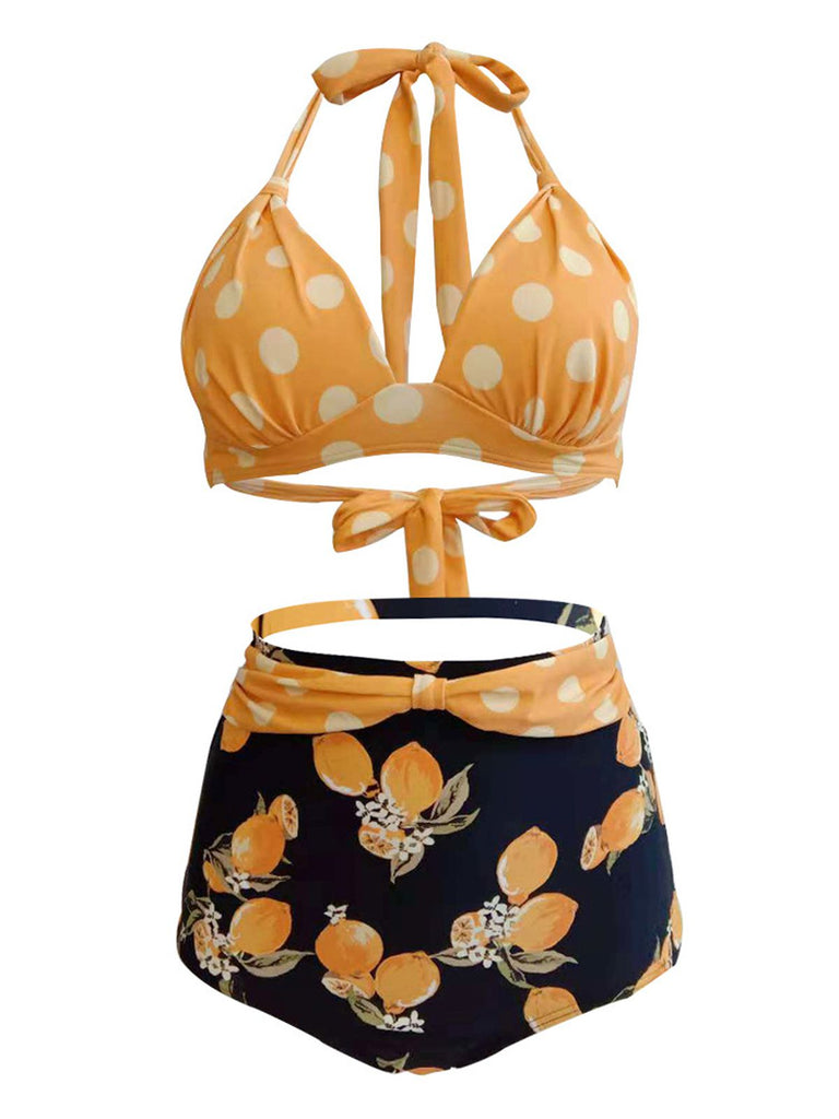 Lemon Polka Dot Halter Bikini