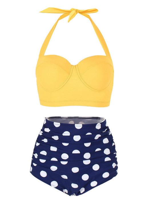 1950s Polka Dot Halter Pleated Bikini