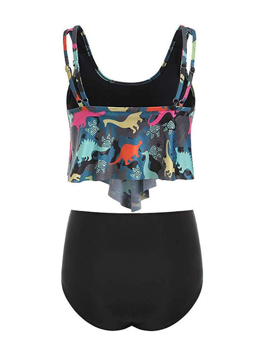 Dark Gray 1950s Retro Dinosaur Tankini Set