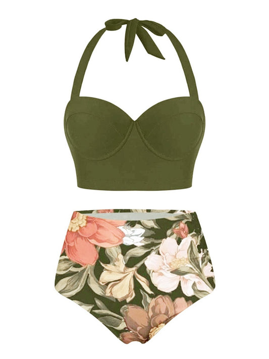 Olive 1950s Lace-Up Halter Flowers Bikini Set