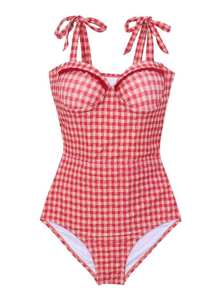 Red 1950s Checked Back Cut-Out Swimsuit