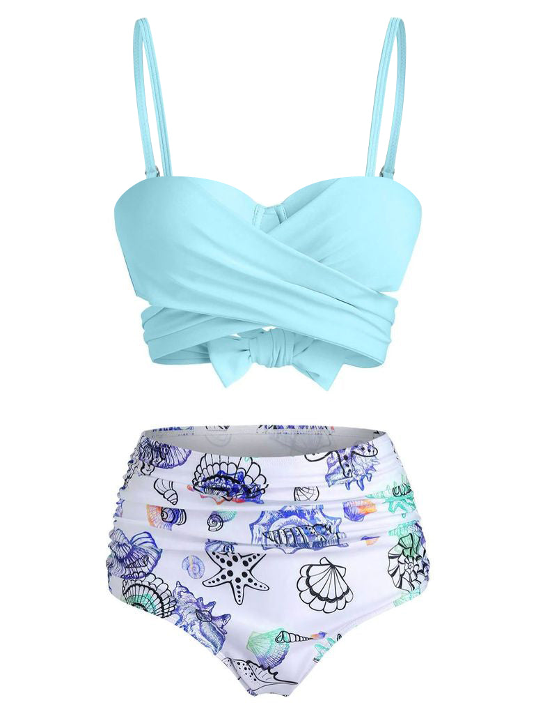 Sky Blue 1950s Straps Criss Cross Bikini Set