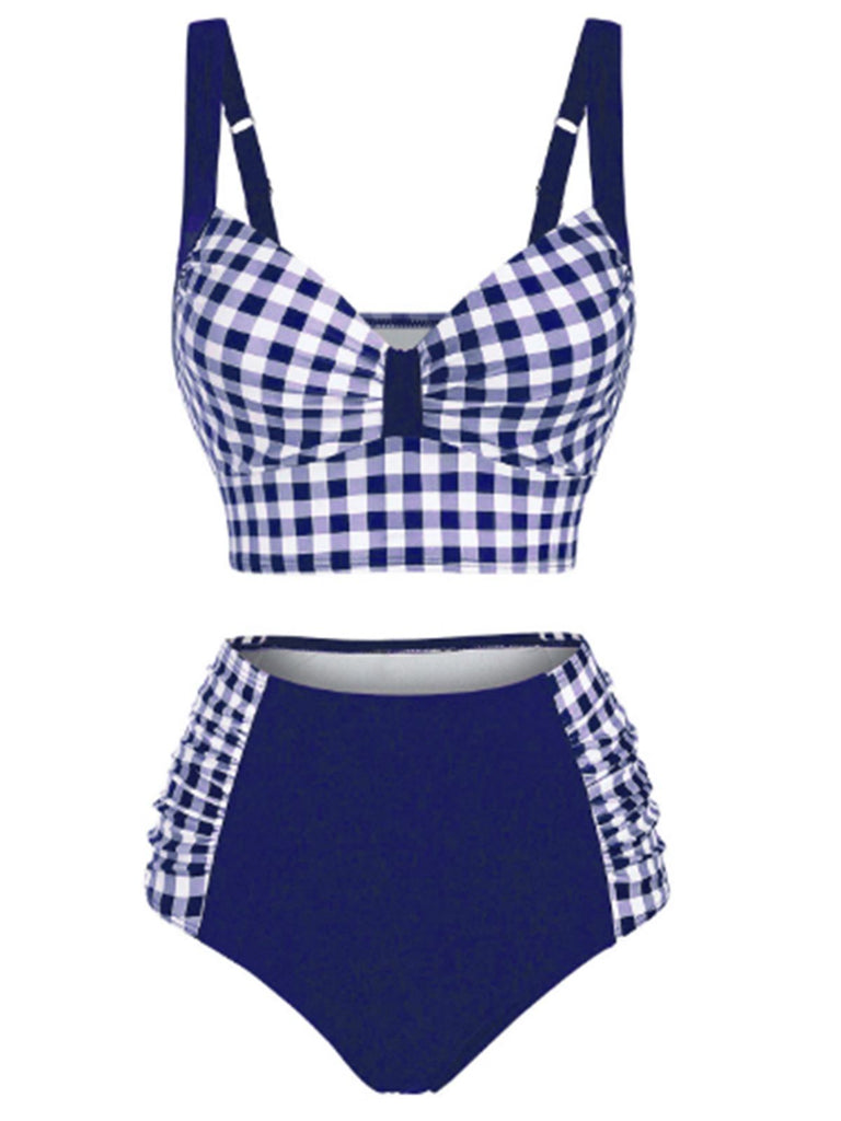 Plaid Spaghetti Strap Patchwork Bikini