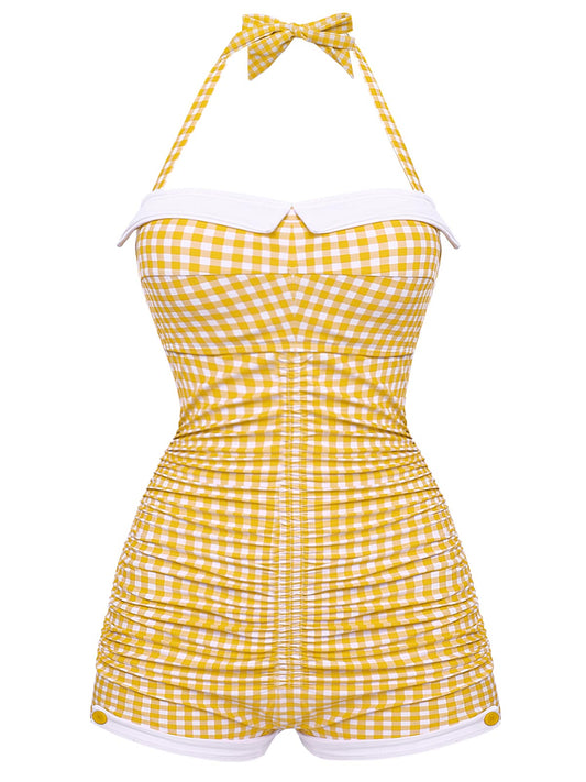 Gingham 1950s Halter Bowknot One-piece Swimsuit