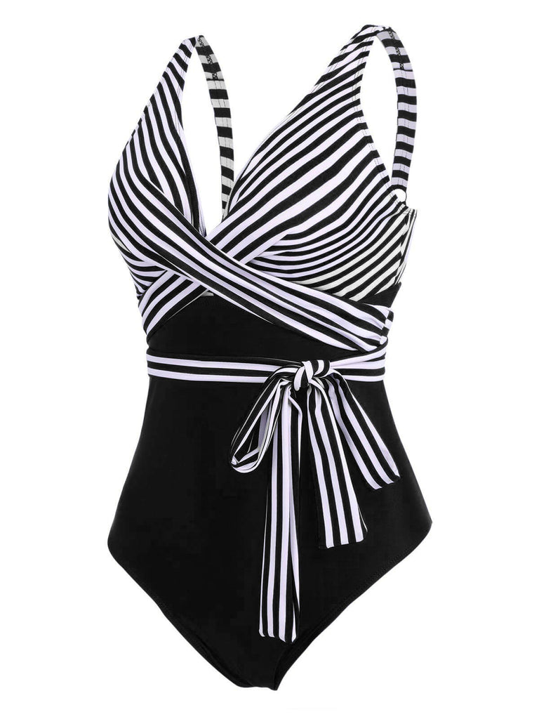 [Plus Size] 1950s Stripe Lace Up Patchwork One-Piece Swimsuit | Retro Stage