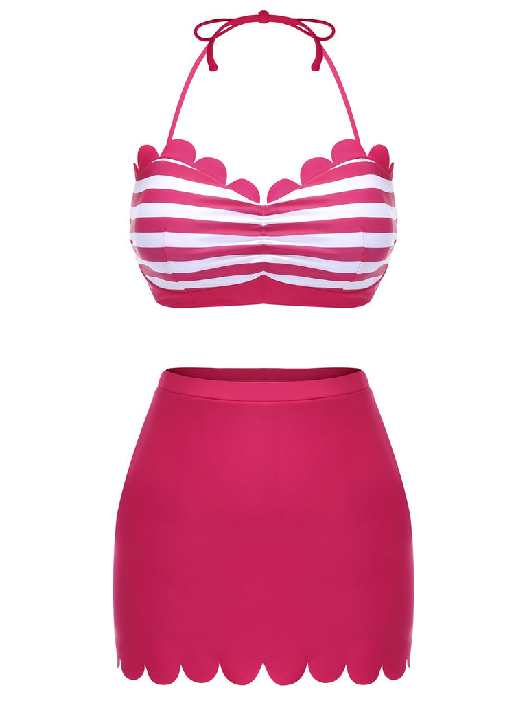 Rose Pink 1960s Stripes Halter Bikini Set