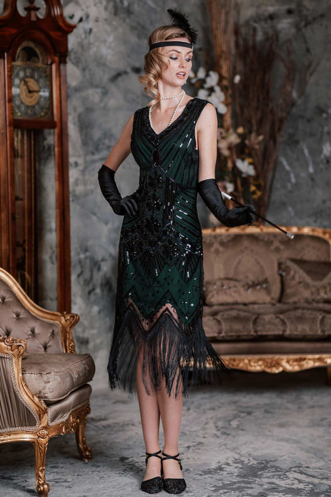 [US Warehouse] Dark Green 1920s Sequined Flapper Dress | Retro Stage