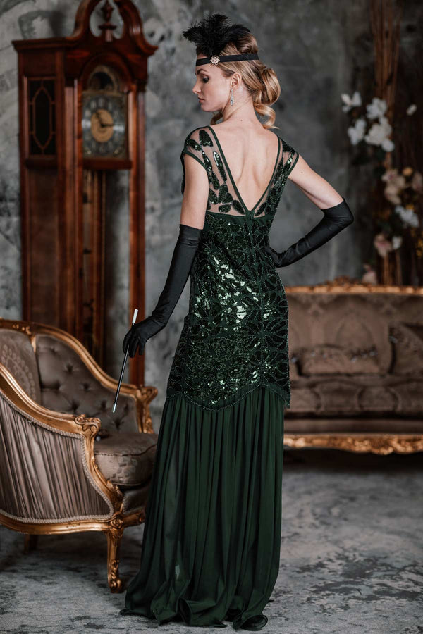 [US Warehouse] Green 1920s Sequin Maxi Flapper Dress | Retro Stage