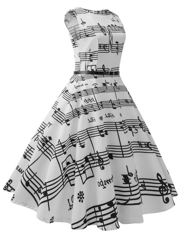 White 1950s Music Note Swing Dress | Retro Stage