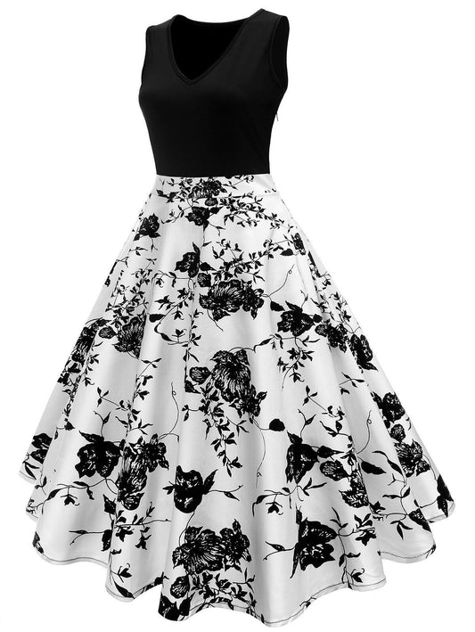 Black 1950s Floral Swing Dress