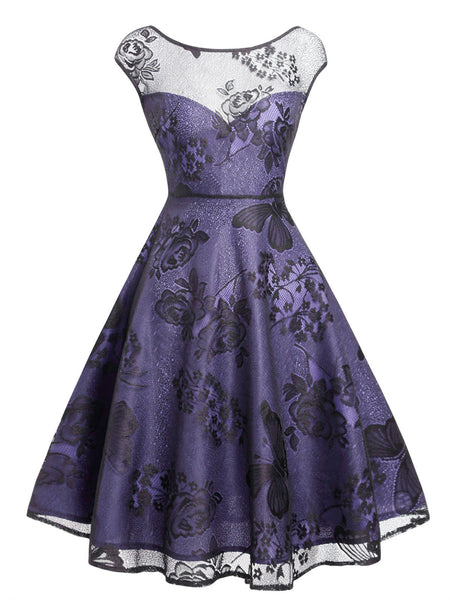Purple 1950s Mesh Floral Swing Dress | Retro Stage